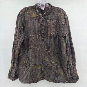 EzHippie Patchwork Henley Top Size M Brown Elephant Print Eclectic Boho Tunic
